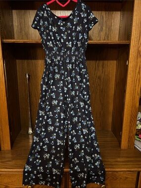 Girls' Black Floral Jumpsuit with Elastic Waist